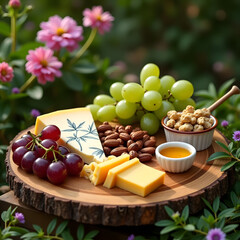  A wooden board with green and purple grapes, brie, cheddar, and nuts, with a honey drizzle on the side.

