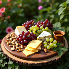  A wooden board with green and purple grapes, brie, cheddar, and nuts, with a honey drizzle on the side.


