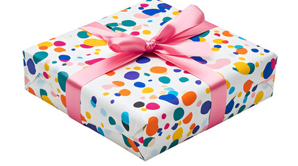 Obraz premium A colorful gift for a birthday, wrapped in confetti-themed paper with a bright, bold ribbon to match, perfect for a festive celebration.