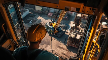 View from inside a construction vehicle cabin looking out at a construction site with a crane in operation, showcasing industrial activity and heavy machinery. The operator is positioned in the