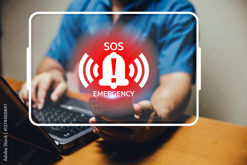 Aufkleber emergency sos alert displayed on a mobile phone with a person using a laptop in the background.