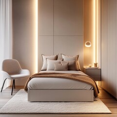 Minimalist study-friendly teen bedroom with sleek furniture, a cozy bed, and soft ambient lighting