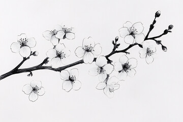 branch of blossoming sakura in black and white. design element. simple drawing in elegant style. white background. cherry blossoms