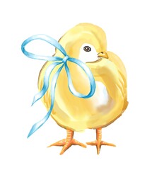 Easter chick with bow.  Watercolor illustration
