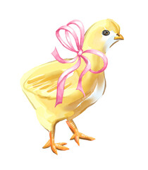 Easter chick with bow.  Watercolor illustration