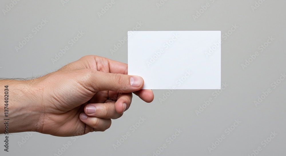 Poster hand holding blank card: a hand delicately presents a pristine blank card against a subtle backdrop.