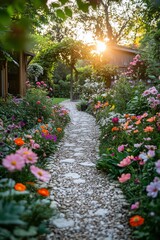 Naklejka premium Gravel path winding through a vibrant flower garden at sunset
