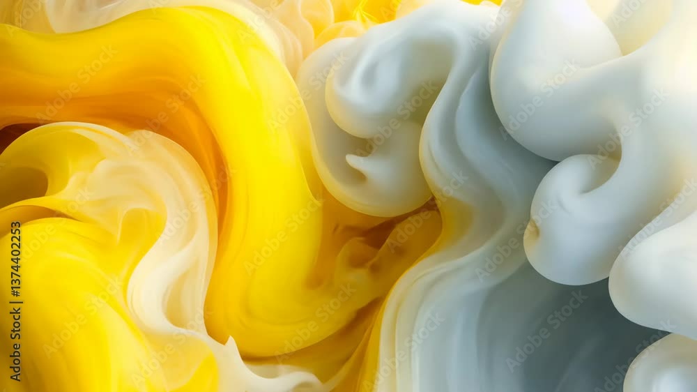 Poster yellow and white swirling abstract smoke textures in a vibrant artistic pattern