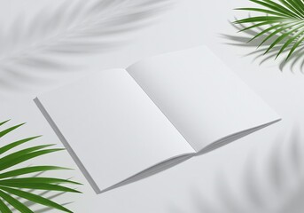 Open Magazine with Palm Shadows: A blank magazine lies open, adorned by the delicate shadows of palm leaves and evoking a sense of tranquility.