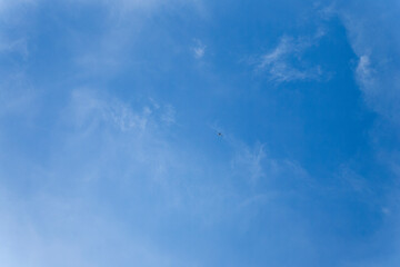 Single airplane traverses an endless expanse of pale blue sky, its contrail barely visible against wispy clouds. Perfect for aviation, travel.