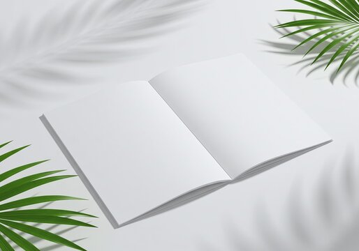 Open Magazine with Palm Shadows: A blank magazine lies open, adorned by the delicate shadows of palm leaves and evoking a sense of tranquility.