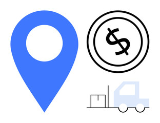 Blue location pin, dollar sign in a circle, and a delivery truck with a cargo box. Ideal for logistics, supply chain, e-commerce, delivery services, transportation, business strategy cost operation