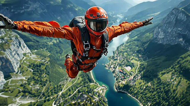 Man in Wingsuit Flying Over Mountain Valley Landscape Footage. Adventure Sports, Extreme Activity and Stunning Views Stock Video Clip.
