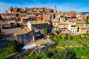 Aerial view of the colorful village and Ocres of Roussillon France - One of the Plus Beaux Village...
