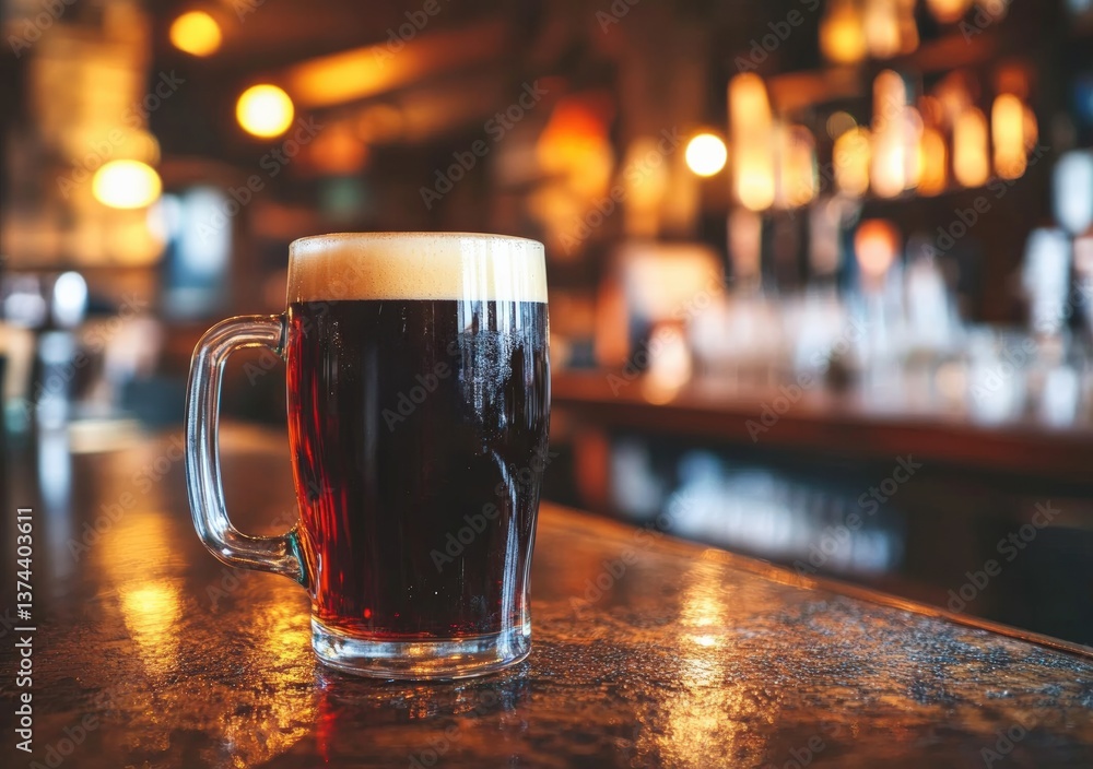 Poster glass of dark beer sitting on bar counter in blurred pub background