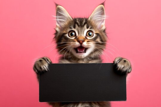 Feline in ad space. Cute ad cat photo. Isolated baby cat on a solid dress code pink background. Ð¡ute cat norwegian forest hold in front paws a design draft - large dark black avenue sign.