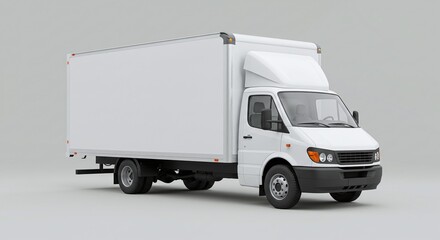 Fototapeta premium Delivery Truck in Transit: A gleaming white delivery truck, pristine and ready for service, stands poised against a neutral backdrop. A symbol of efficiency and logistics, poised for prompt delivery.