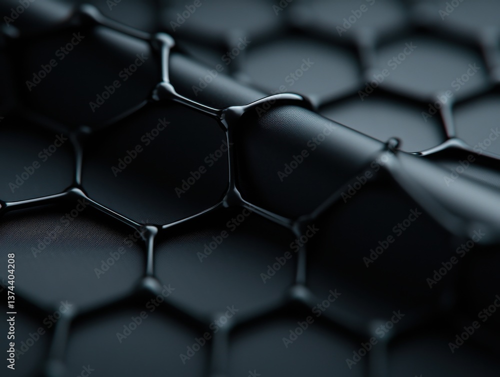Poster abstract black hexagonal structure with fluid lines and dark surfaces, modern design detail