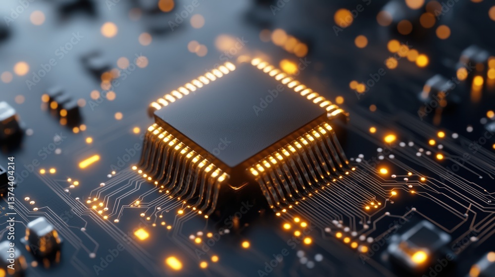 Poster hyper-realistic close-up reveals intricate details of a microchip on a circuit board with glowing co