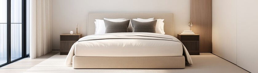 Boutique hotel suite bedroom with warm neutral tones, a plush bed, and modern decor