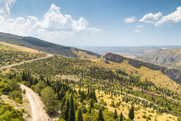 Landscape view from the Fortica hill, Bosnia and Herzegovina, Europe. Scenic view of a winding dirt...
