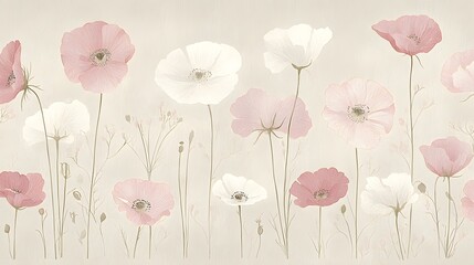 Obraz premium Poppies pink, white field blossom. Background art for website, cards, invitation, decor use