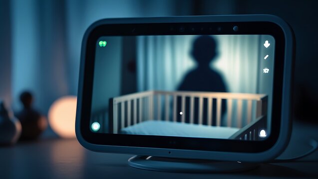 A Baby Monitor Screen Displaying a Mysterious Blurry Shadow, Indicating IoT Vulnerability and Cybersecurity Risks

