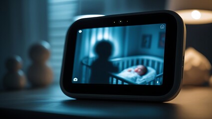 A Baby Monitor Screen Displaying a Mysterious Blurry Shadow, Indicating IoT Vulnerability and Cybersecurity Risks

