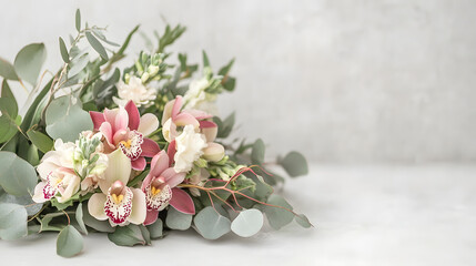 Obraz premium A contemporary floral design with orchids and eucalyptus, featuring a minimalist bouquet with elegant lines and fresh greenery for a modern aesthetic.
