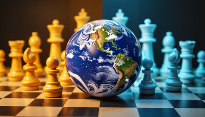 Chess pieces and globe on black and yellow background