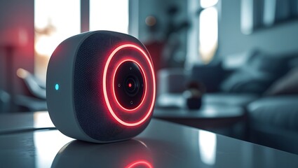 A Smart Home Device with a Glowing Red Ring, Indicating IoT Vulnerability and Cybersecurity Threats

