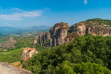 View of the natural landmark Rocks of Meteora with the Orthodox Monasteries. Landscape of the Thessaly Valley, Greece.