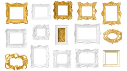 Elegant Frame Collection: A curated ensemble of ornate frames in gold and white, offering a touch of sophistication for creative projects.