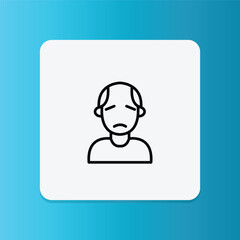 Minimalist thin line icon of a sad bald man. Ideal for concepts related to hair loss, aging, alopecia, depression, and medical conditions