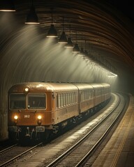 Naklejka premium Illuminated Train Emerging from Dark Tunnel Under Dramatic Light, Travel Concept