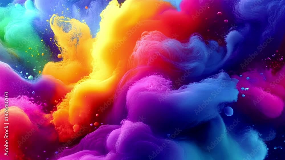 Aufkleber Bright digital animation with abstract clouds of color blending in smooth transitions. An explosion of yellows, oranges and reds contrasted with deep purples and blues