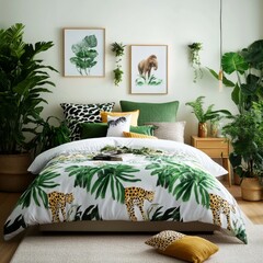Jungle-themed bedroom with lush green plants, animal prints, and nature-inspired decor