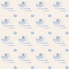 Underwater pattern design featuring playful sharks swimming in a seamless watercolor style