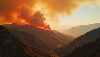 Fototapeta premium Mountain landscape with wildfire smoke and flames