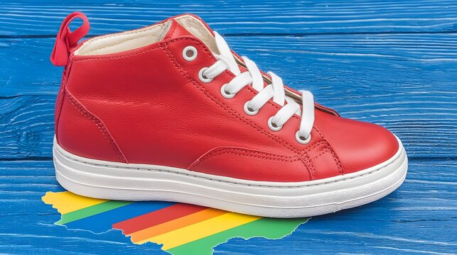 Red shoe atop rainbow map, promoting diversity/tolerance on painted blue wood backdrop for equality