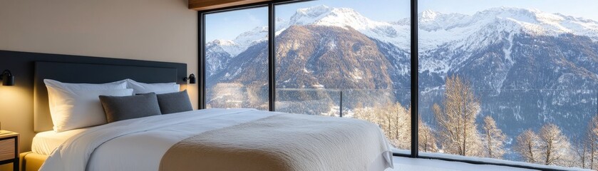Transparent glass-walled bedroom with breathtaking mountain views