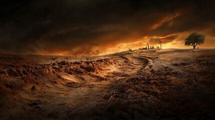 Desolate landscape amidst dark skies drought-stricken terrain emotional scenery foreboding atmosphere dramatic viewpoint
