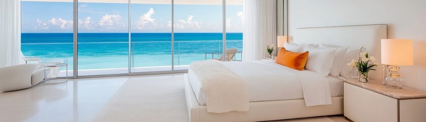 Ultra-luxury bedroom with panoramic ocean views, floor-to-ceiling glass walls, and elegant design