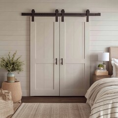 Modern farmhouse bedroom with barn doors, neutral color schemes, and elegant wooden textures