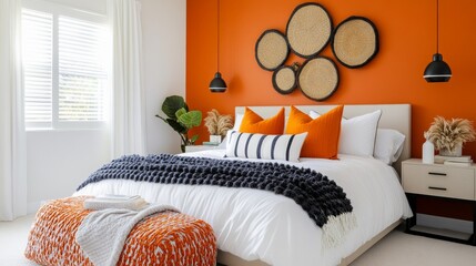 High-fashion inspired bedroom with bold color contrasts, artistic wall pieces, and plush textures