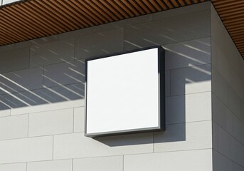 Blank Sign Mockup: A modern square sign, with a pristine blank face, mounted on a textured brick wall, allowing for text, logo, or design application.