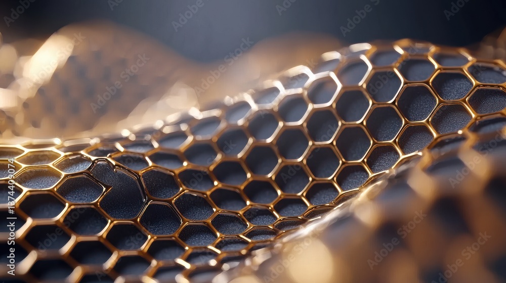 Poster 3d render of golden hexagonal structure illustrating modern nanotechnology or engineering