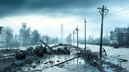 Destructive flood event in urban area devastation scene post-disaster environment ominous viewpoint impact of climate change