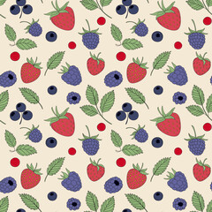 Red blue Berry fruit seamless vector Pattern. Strawberry, blackberry, raspberry, blueberry, currant, leaves cartoon flat illustration. Summer berries background. Pattern for packaging design, textile