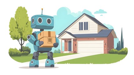 Robot delivers package at house, tree & sky background. Use tech, future, delivery service